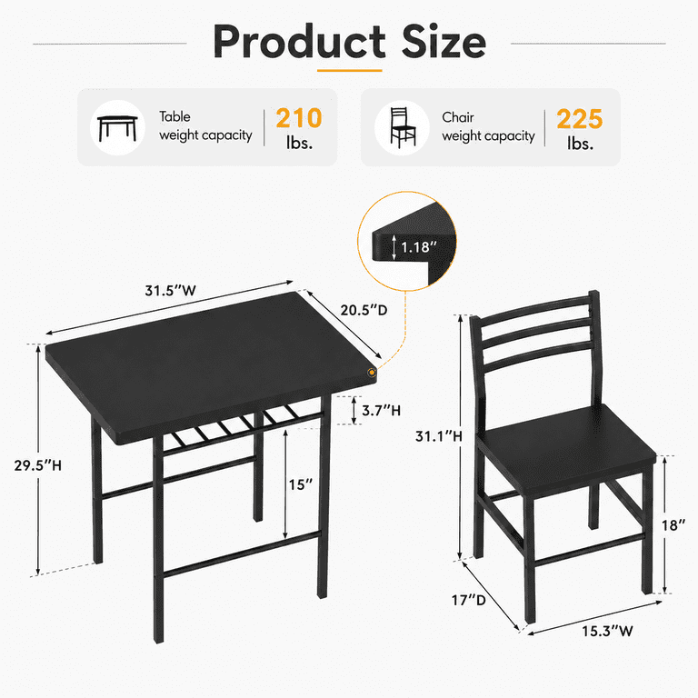 Lacoo 3 Piece Dining Table Set for 2, Small Kitchen Table and 2 Chairs, Space Saving Dining Room Table Set for Apartment, Breakfast Nook, Black