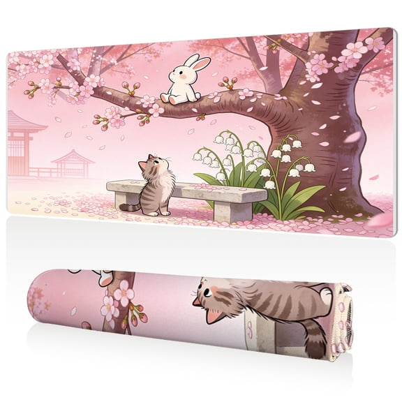 LIVEKEY Mouse Pad 80x40x0.3cm Cherry Blossom Cat Rabbit Design Extra Large Full Desk Coverage Non Slip Durable Easy Clean Stitched Edges for Gaming and Office