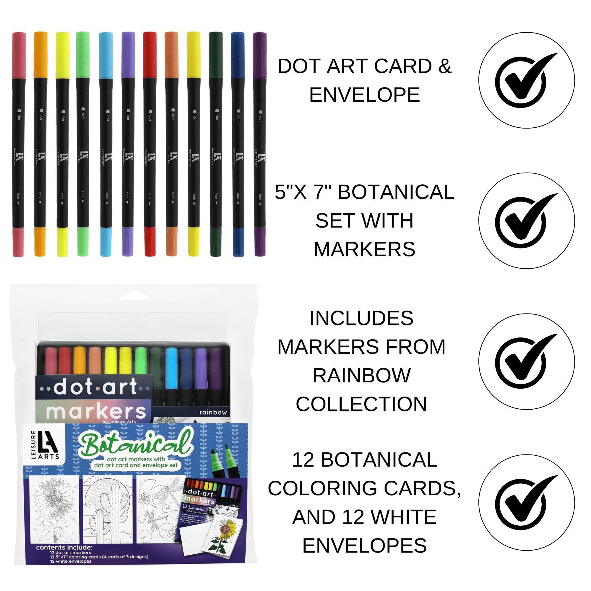 Leisure Arts Crafting Dot Art Card and Envelope 5x7 - 12piece Botancal with Markers