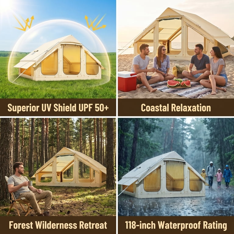 Lilypelle 4-6 Person Blow Up Inflatable Tent with Stove Jack, Hot Tent for Camping with Hand Pump, Waterproof Inflatable Camp Tent with Mesh Windows,