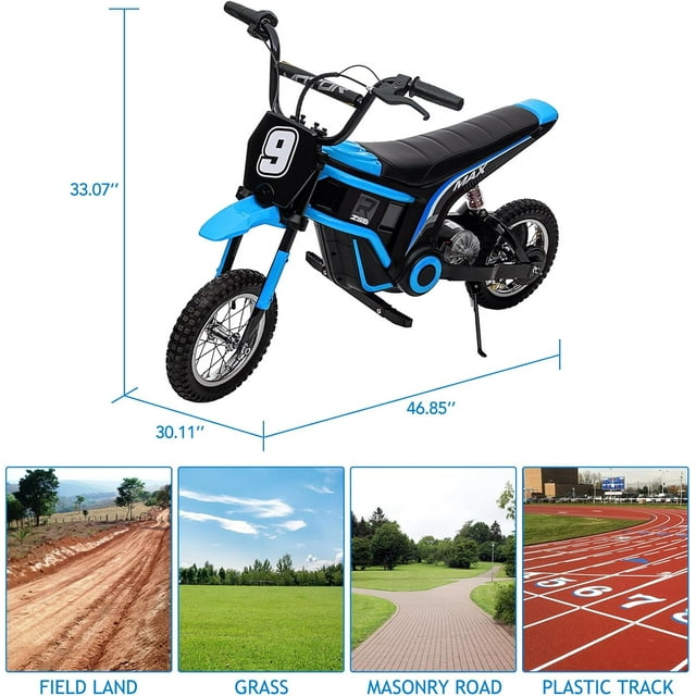 Historyli Moto eléctrica todoterreno para niños de 3 a 10 años, 350 W, velocidad máxima de 22,8 km/h, 2 modos de velocidad, color azul
