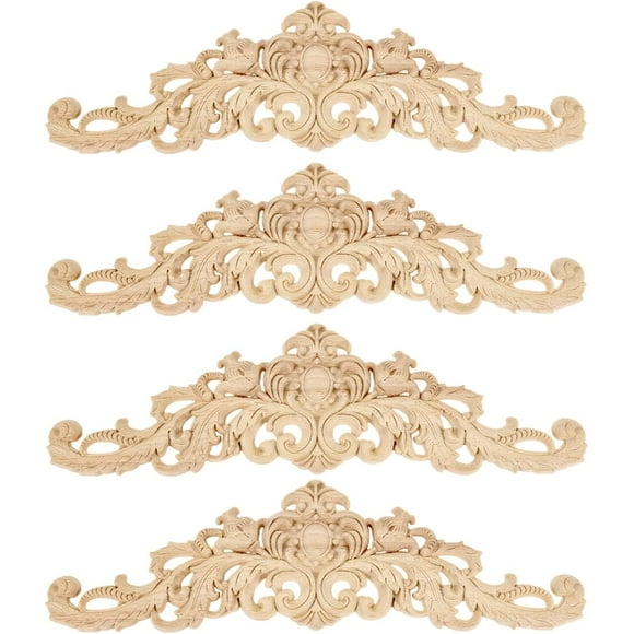 shiyou-Long Wood Carved Appliques Onlays, 4-Pack Unpainted Decorative Corner Carving Decals Set for Wall Door Cabinet Mirror Closet Wardrobe Dresser Mantel Staircase DIY Project, 40x11cm/15.75"x4.33"