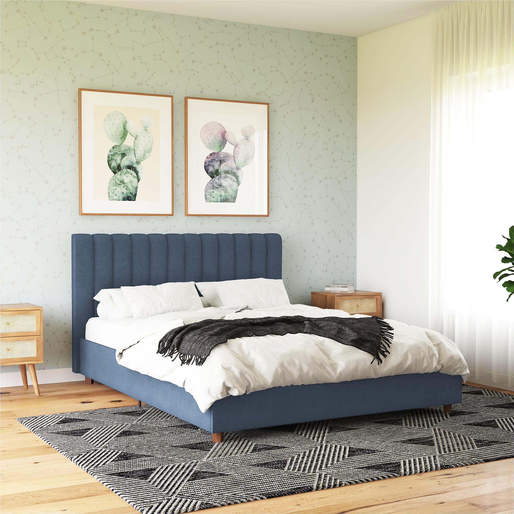 Novogratz Brittany Tufted Upholstered Bed Frame, Queen, Blue Linen
