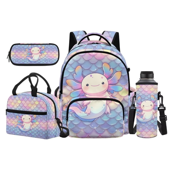 Pzuqiu Mermaid Scale Axolotl School Backpacks for Teen Girls 4PCS Backpack with Lunch Box Pencil Case Water Bottle Bag Kawaii Large Capacity Travel Rucksack Sport Bookbag for Elementary Students