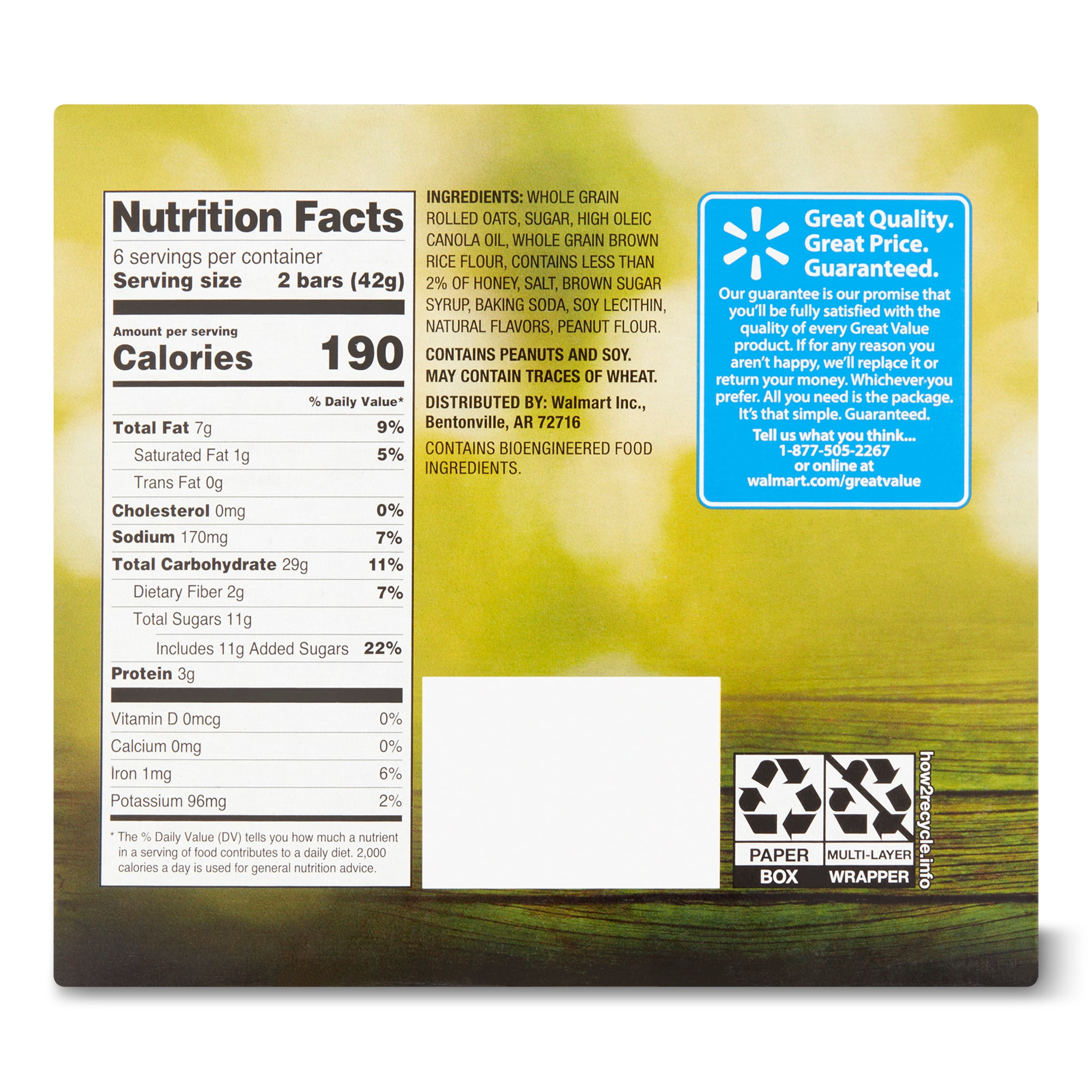 Great Value Oats & Honey Crunchy Granola 2-Bar Packs, 1.4 oz, 6 Packs
