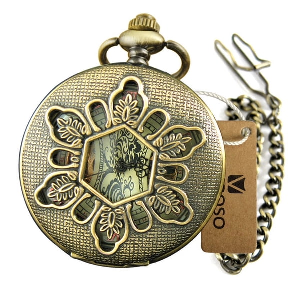 VIGOROSO Pocket Watch for Mens Womens Mechanical Wind up Watch Vintage Bronze Hollow Out Flower WatchCase Retro Fob Chain Pouch Watches