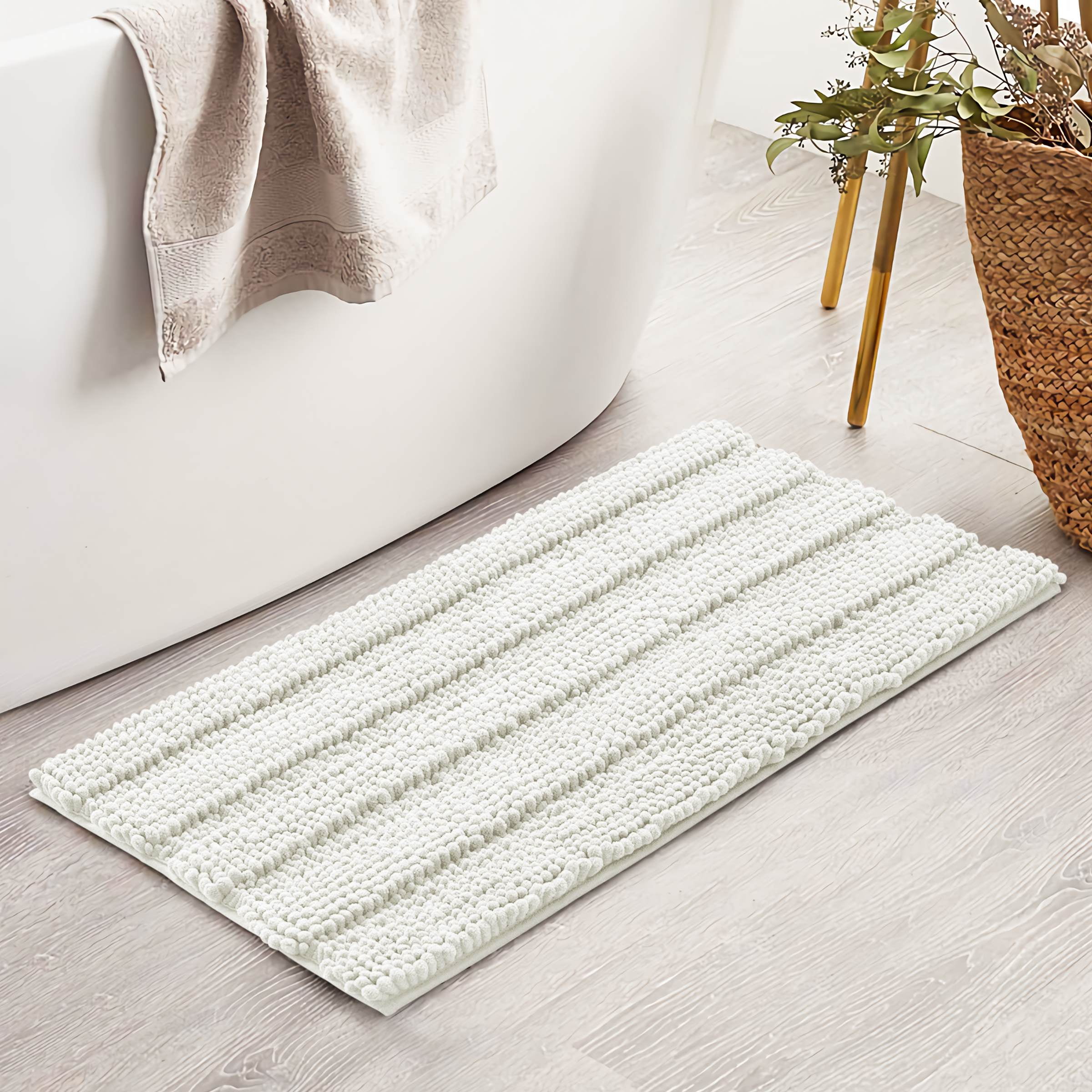 Subrtex Bathroom Rugs Non-Slip Chenille Soft Striped Plush Bath Mat (Ivory, 20"x32")