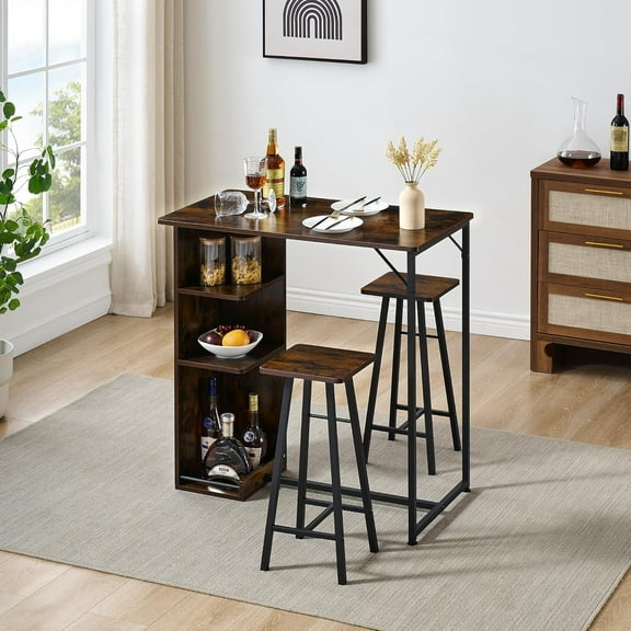 Modern 3-Piece Bar Table Set with 2 Stools & Storage Shelves, 36" Height Counter Table Set for Small Space, Metal Frame MDF Top Kitchen Breakfast Nook Set for Apartment, Balcony, Studio