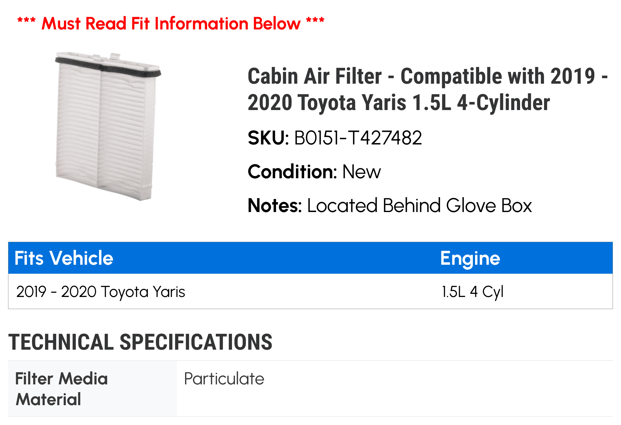 Cabin Air Filter - Compatible with 2019 - 2020 Toyota Yaris 1.5L 4-Cylinder