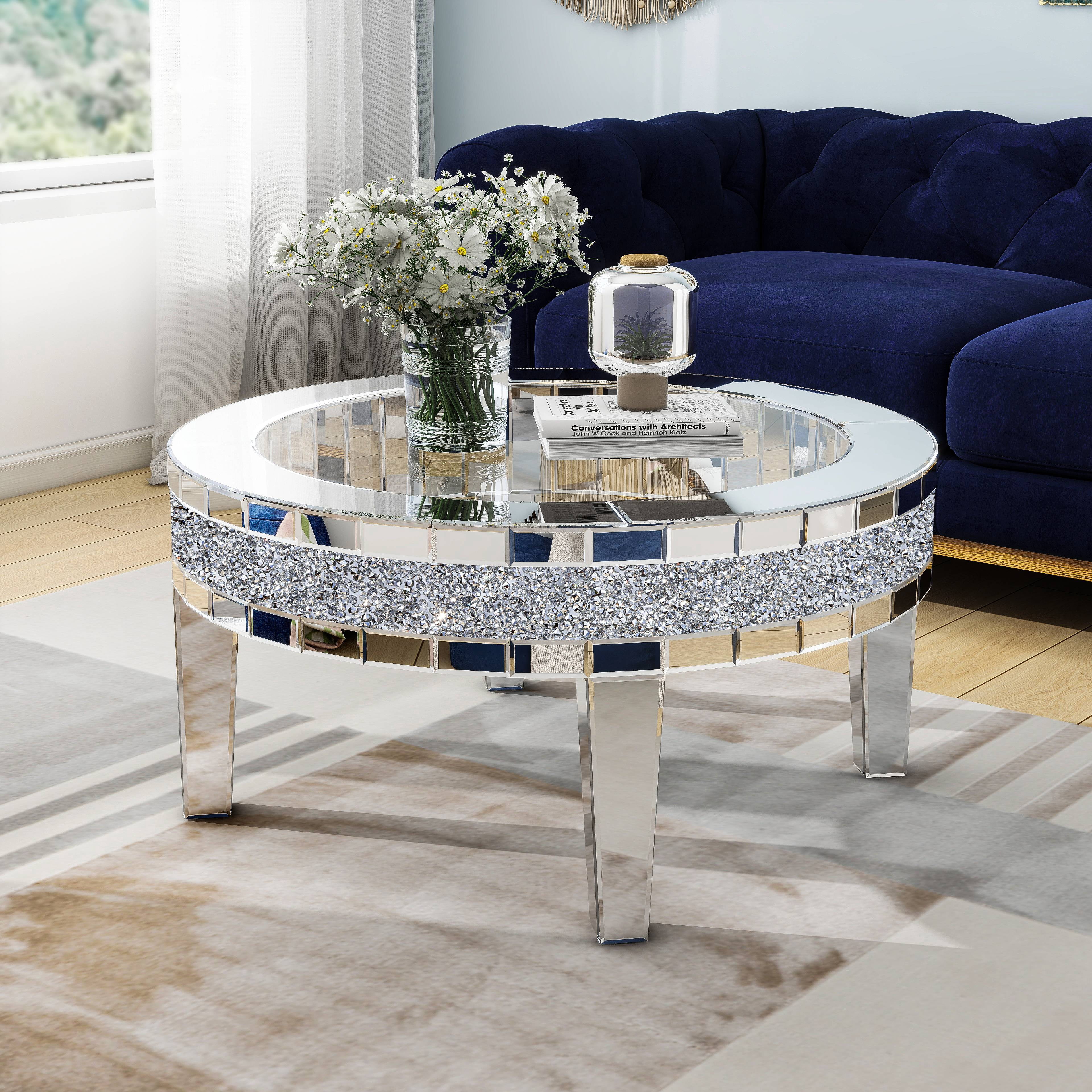 35.5'' Round Glass Top Coffee Table with Crystal Inlay Modern Round Coffee Table Silver Accent Table for Living Room Decor