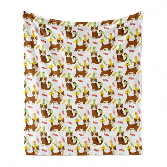 Kitten Soft Flannel Fleece Throw Blanket, Cartoon Style Cat Lover Pattern of Animal with a Party Hat and Sugars, Cozy Plush for Indoor and Outdoor Use, 50" x 60", White and Multicolor, by Ambesonne