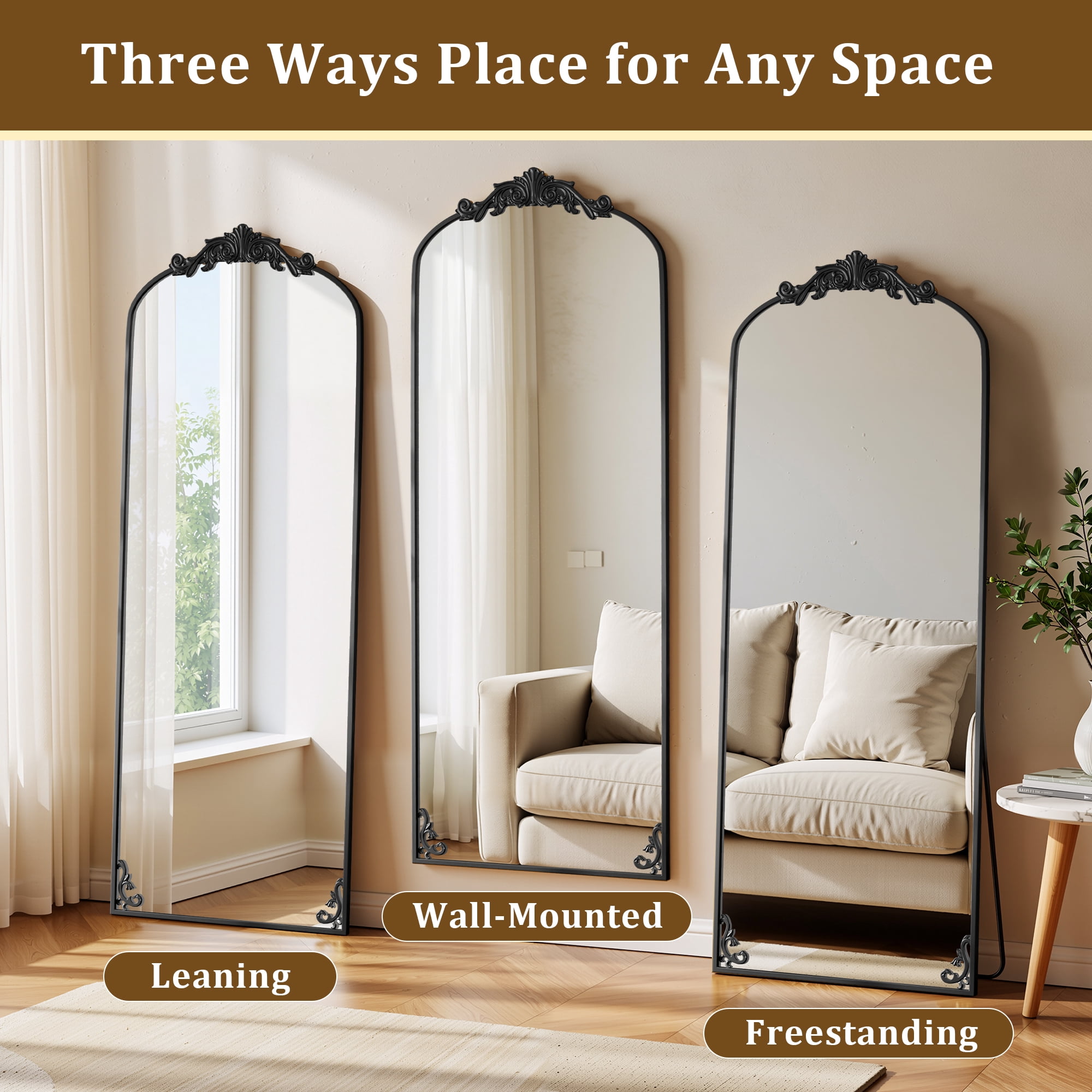 Anyrose 66"x 21" Baroque Full Length Mirror Arched Vintage Floor Mirror with Stand, Black