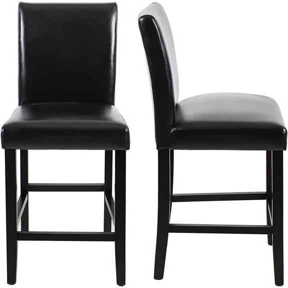 GOTMINSI Set of 2 Classic 24 Inches Counter Height Stools Upholstered Bar Stools with Solid Wood Legs and Black Leather Counter Stool(PU Black)