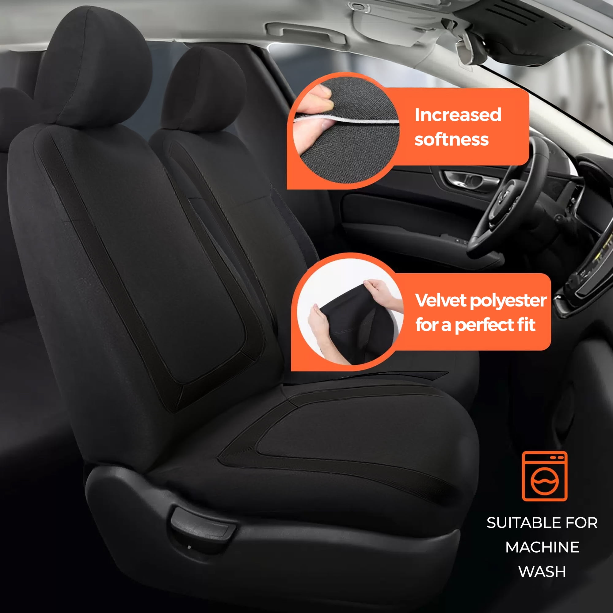 FLORAY Car Seat Covers for Compact Sedans, Polyester 9PCS Full Set, Front and Solid Rear Bench, Airbag Compatible, Black