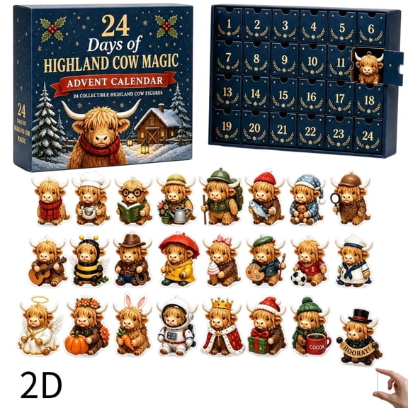 Highland Cow Advent Calendar 2026 Christmas Countdown Set With 24 Acrylic Collectible Figurines Holiday Themed Decor Daily Unboxing Surprise For Christmas Tree And Desktop Display,B