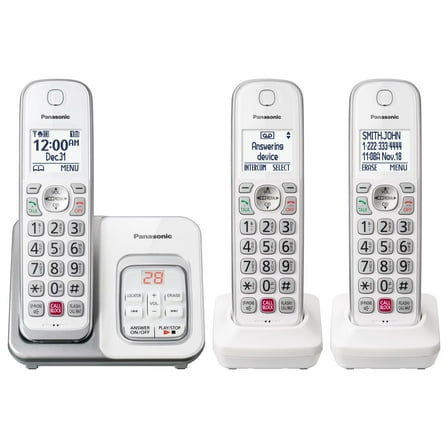 Panasonic 3 Handset DECT 6.0 Expandable Cordless Phone System with Digital Answering System - White