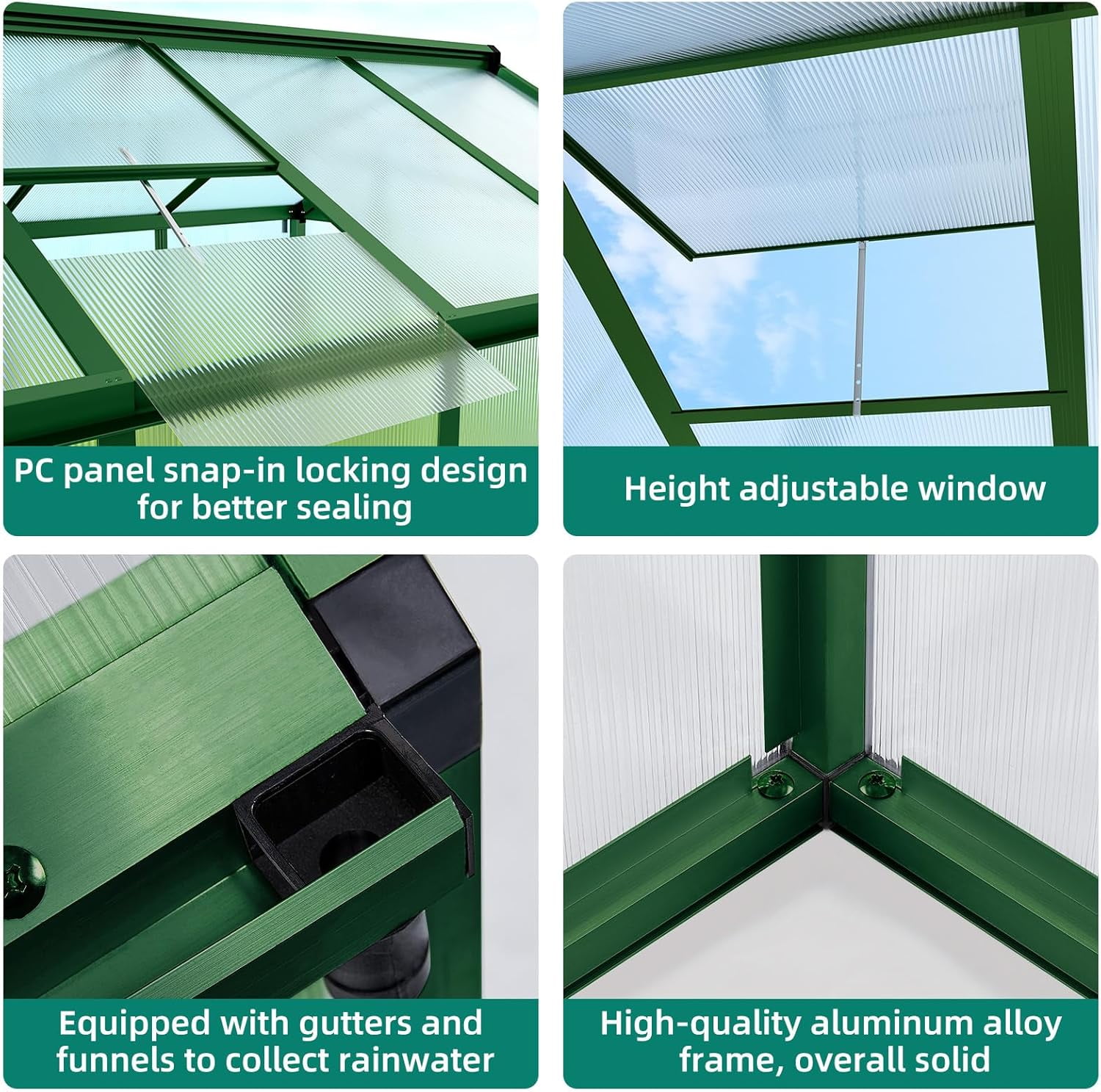 6x8 FT Walk-in Greenhouse for Outdoors – Aluminum Frame, Polycarbonate Panels, Roof Vent, Rain Gutter, Sliding Lockable Door, Easy Setup for Garden & Backyard, Green
