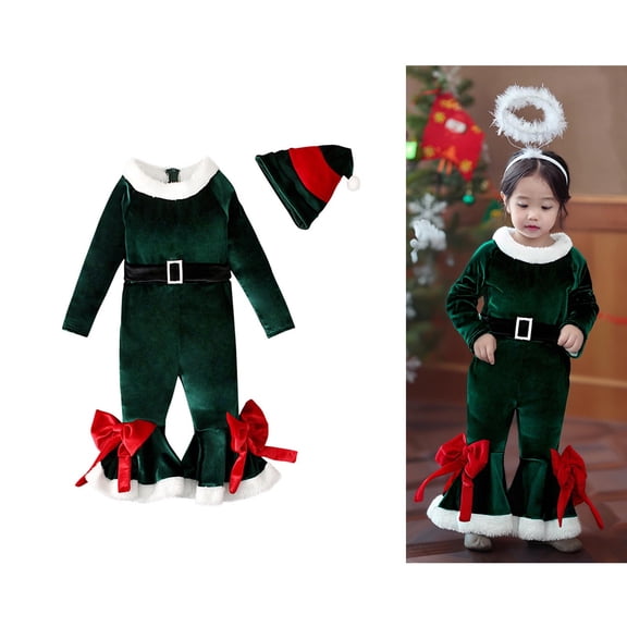 Elf Kids Outfit Long Sleeve Fleece Romper Flare Jumpsuit Hat Sets Christmas Outfits for Kids Party Dress Up 5-6 Years