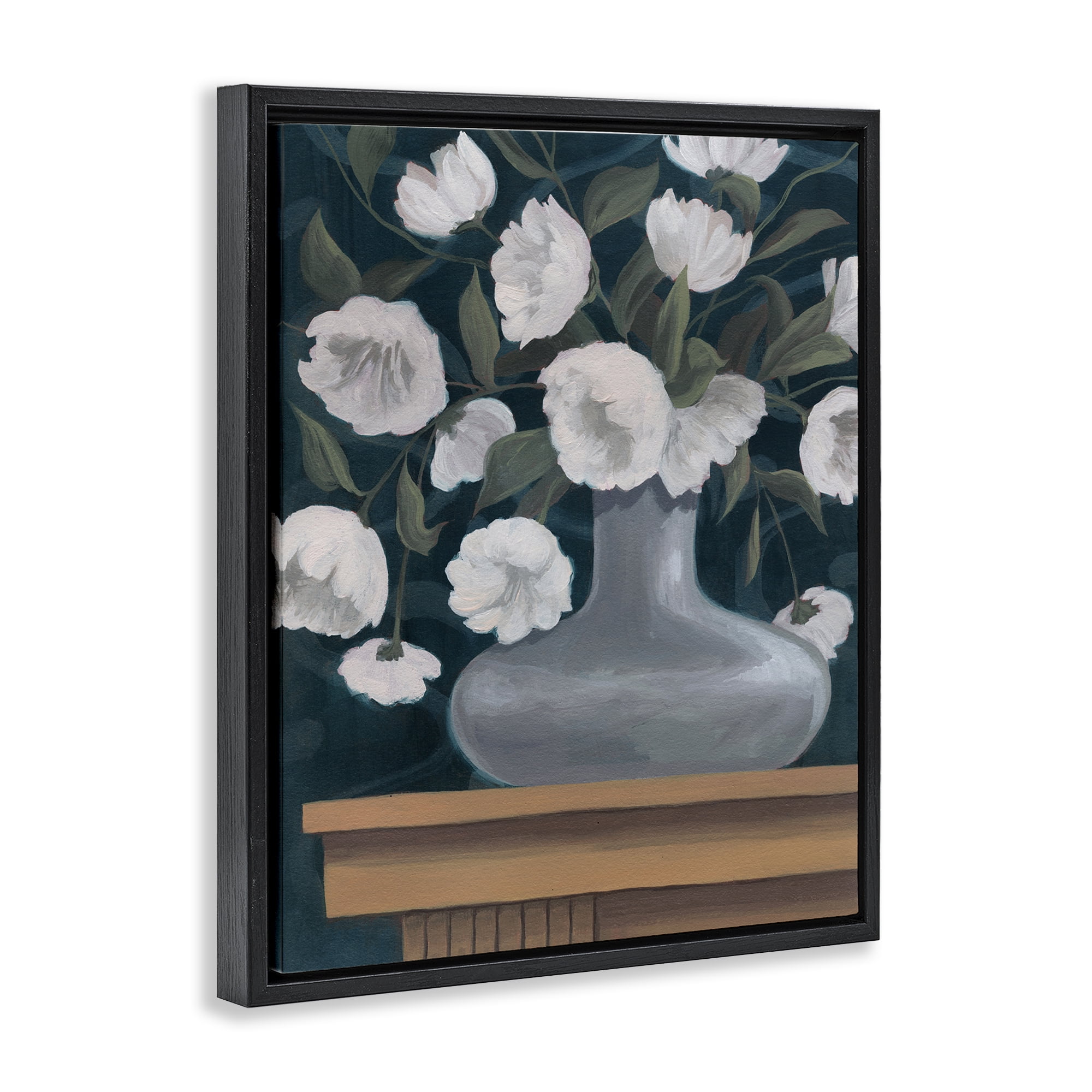 Stupell Industries White Flowers in Round Vase Plants & Flowers Painting Black Floater Framed Canvas Art Print Wall Art, 25 x 31