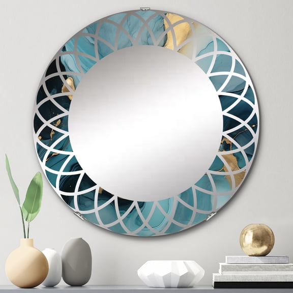 DESIGN ART Designart "Turquoise Gold Infused Marble II" Fractals Modern Wall Mirror 24in.x24in.