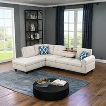 Hommoo L-Shaped Upholstered Sectional Sofa Couch with Storage & Cup Holders, Linen Living Room Sofa Set, No Ottoman, Beige