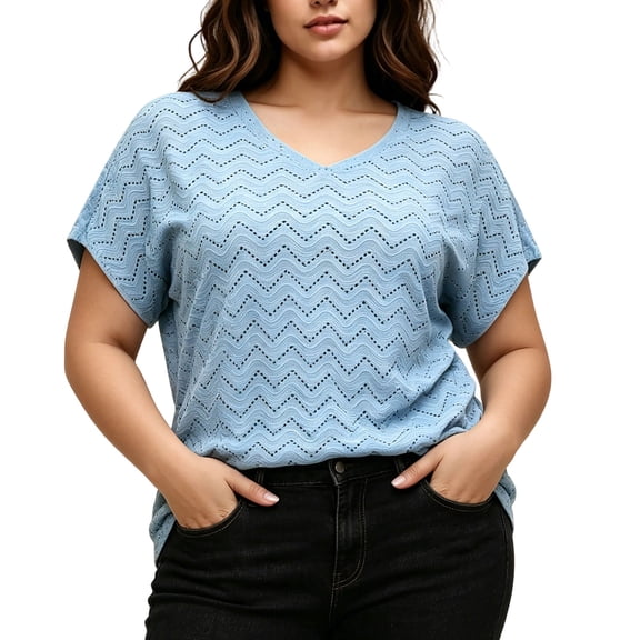 Staron Plus Size Tops for Women Eyelet V Neck Short Sleeve Casual Loose Blouses Summer Beach Vacation Tshirts, Light Blue 3XL