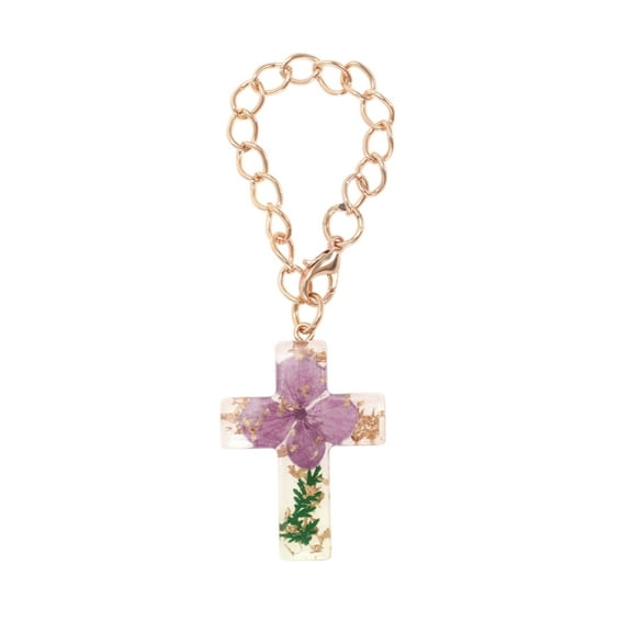 Unique Bargains 1 Pc Dried Flower Cross Water Cup Pendant Purple Green Metal Resin