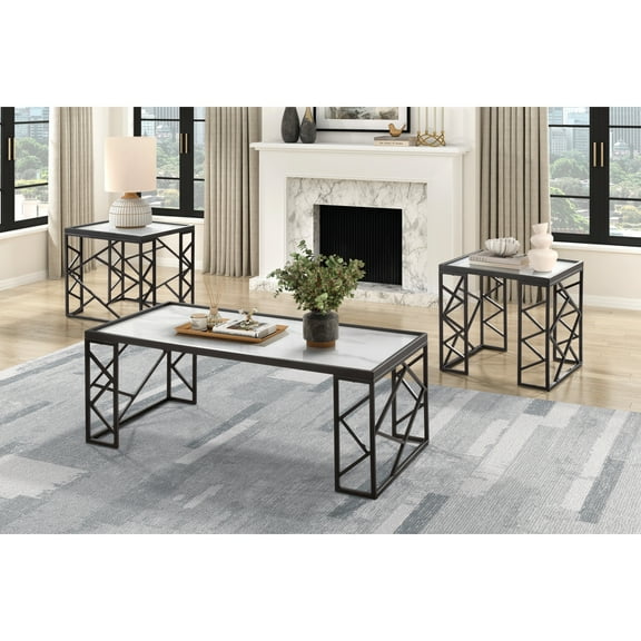 Newboti Furniture Occasional 3pc Tables Set Tempered Glass Top Coffee Table and End Tables Black Metal Frame Living Room Furniture 10089