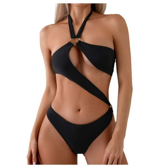 TJAZFJPA 1 Piece Swimsuit Women Tummy Control with Skirt Women's Solid Color Neck Swimsuit with Circle Detail Fashionable Monokini for Beachwear Swimsuit Romper Cover Up