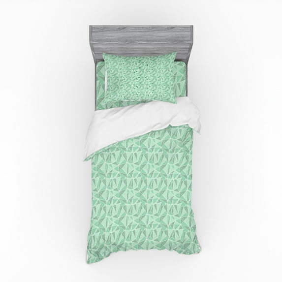 Abstract Green Duvet Cover Set, Grunge Style Striped Polygonal Geometric Shapes Futuristic Design, Bedding Set with Shams and Fitted Sheet, 3 Sizes, by Ambesonne