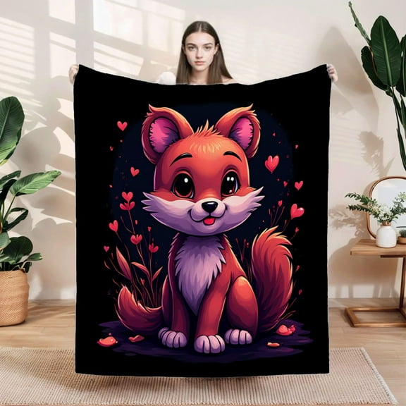 Cozy Flannel Blanket with Cute Red Fox Design Perfect for Sofa Travel Bed & Chair - Soft Warm & Whimsical with Heart Accents