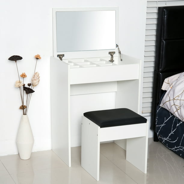 HOMCOM – Ensemble de coiffeuse avec miroir rond, table de