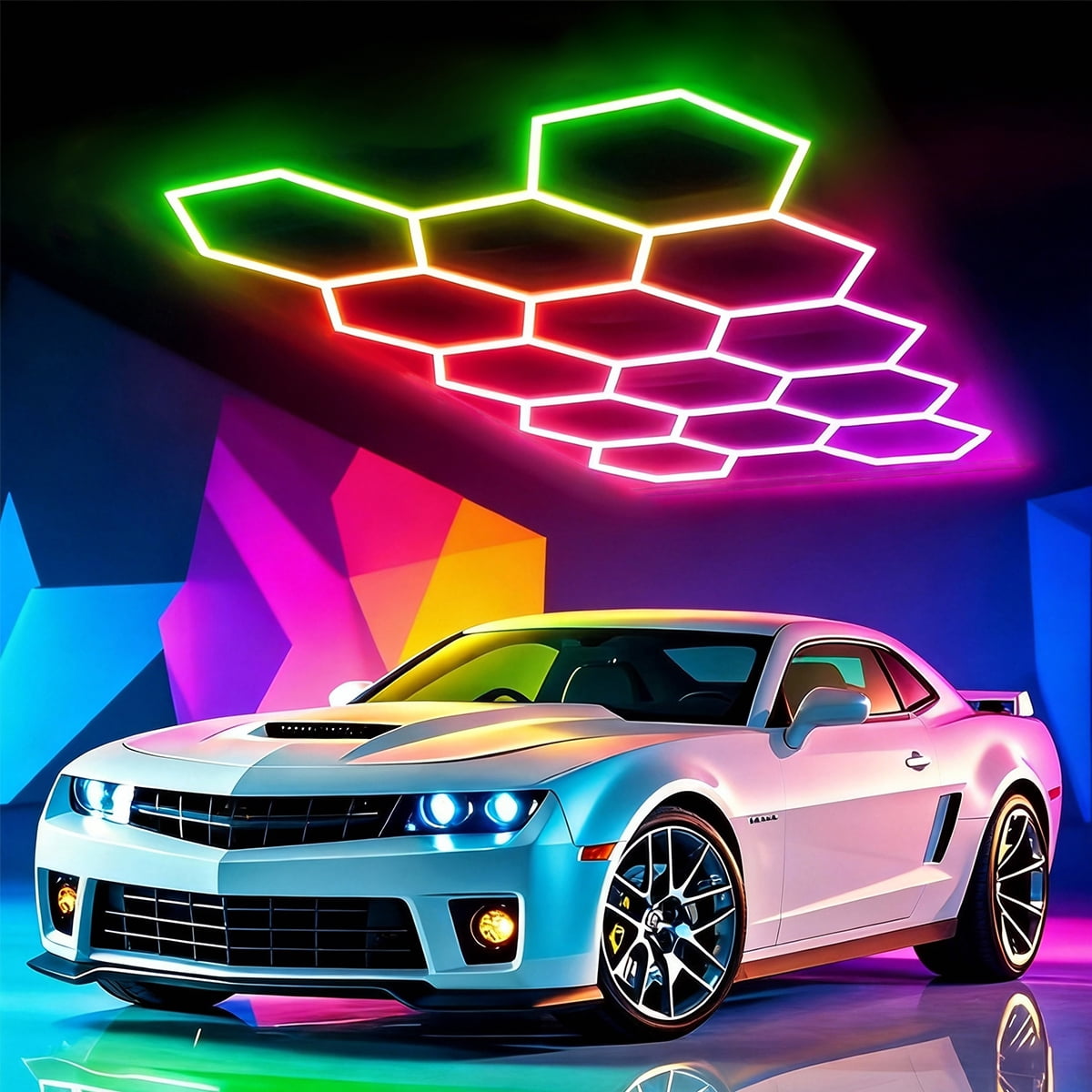 14 Grid RGB Hexagon Lights, DIY 47Pcs Garage LED Panel Light, 356 Color Modes | Music Sync | Smart App & Remote Control LED Ceiling Lights for Gym Bar Gaming Room Garage Lighting Basement Decor
