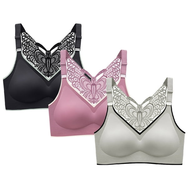 3-pack Butterfly Beauty Back Gathering Bra Bras Women#39;s Seamless Sports  Bras With Chest Pads Adjustable Straps-grey-3xl