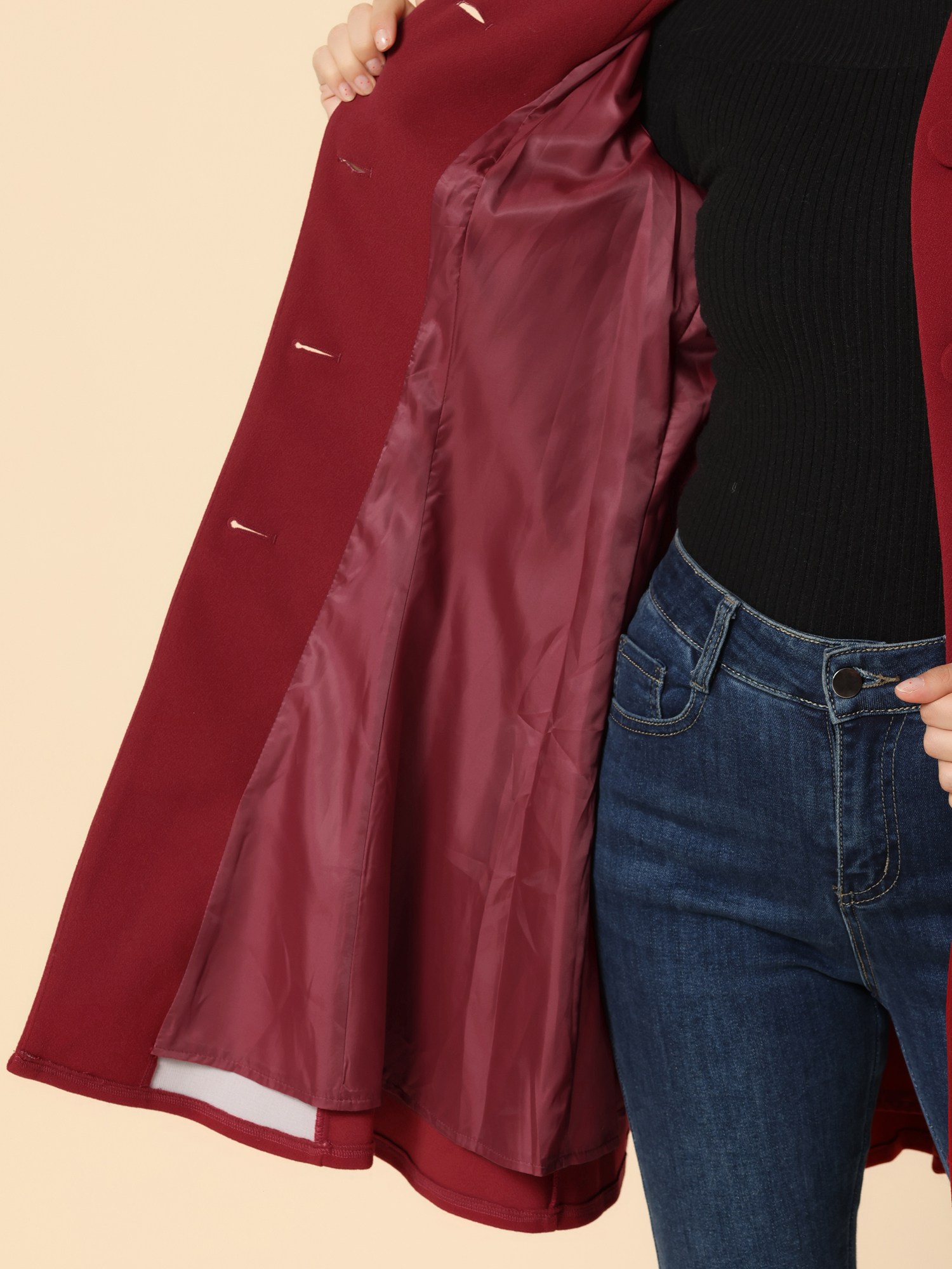 DARING DIVA Women's A-Line Long Sleeve Single Breasted Peplum Hem Long Coat Dark Red XL