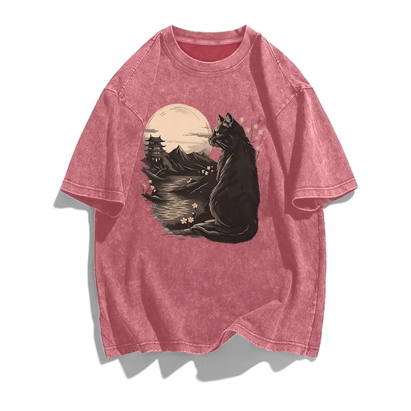 plus size plus size womens plus size washed t shirt black cat landscape graphic tee casual aesthetic cat print short sleeve tops oversized retro tshirt for women