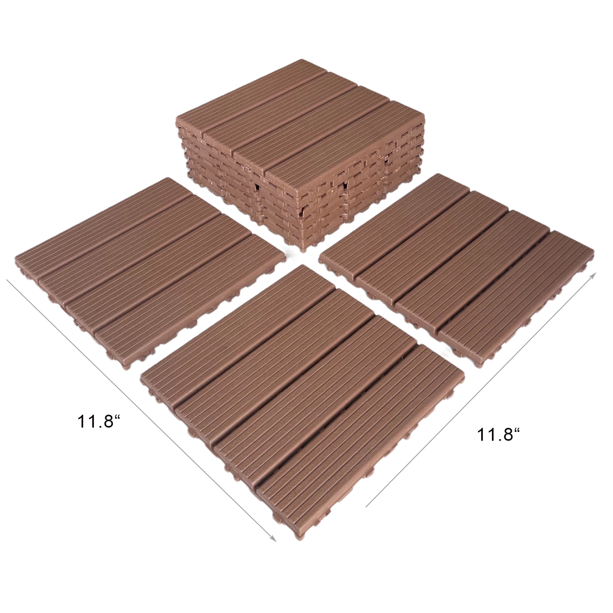 Miniyam 44-Pack Square 11.8"x11.8" Waterproof Deck Tiles, All-Weather, for Porch, Poolside, Brown(Small Straight line)