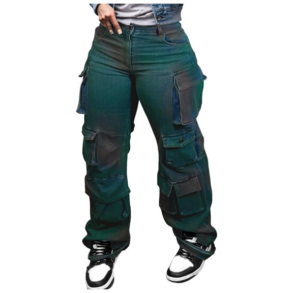 Mepaouo Cargo Jeans for Women Y2K High Waisted Baggy Jeans Straight Wide Leg Cargo Pants(Blue,S)