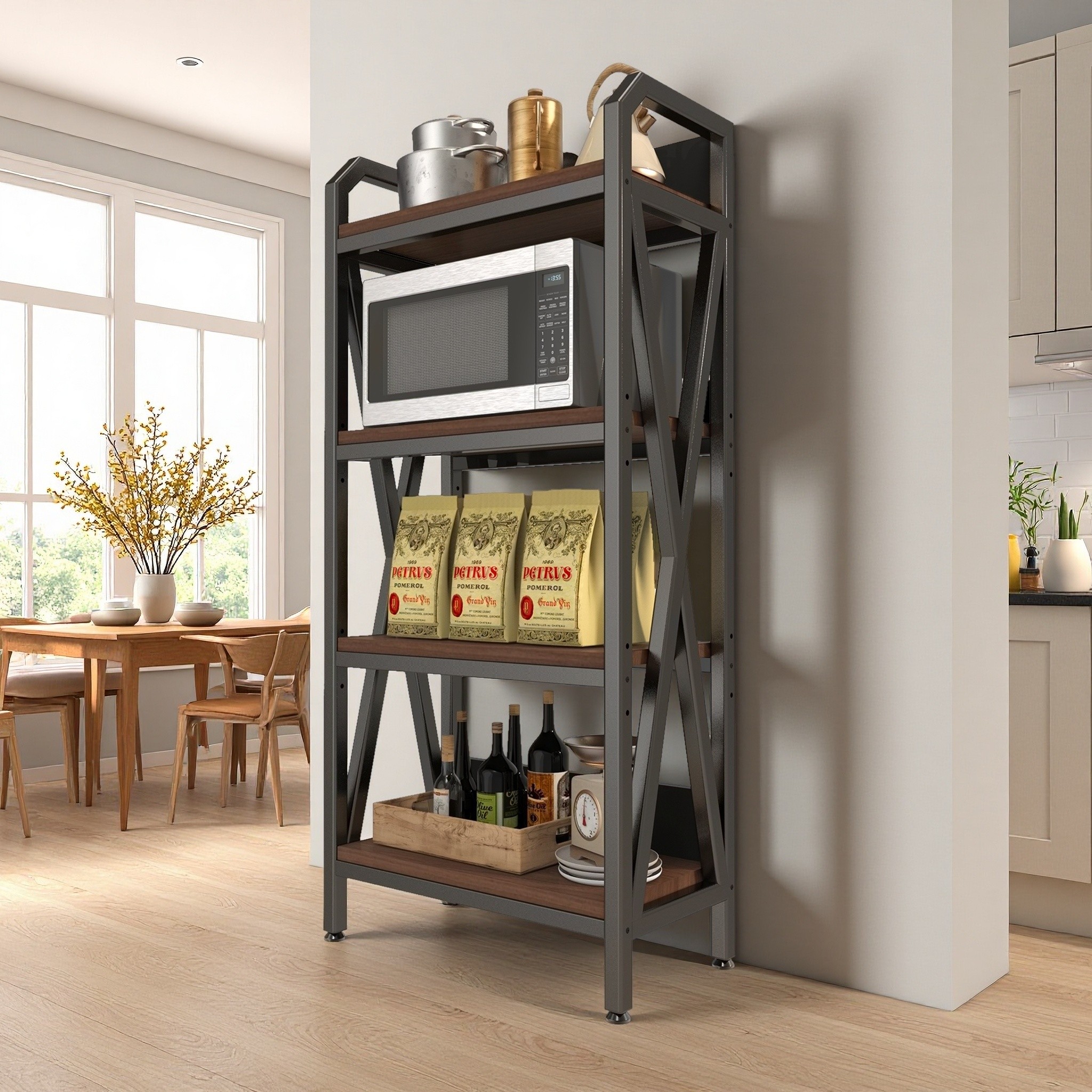 25.6"L Metal Storage Shelves,4-Tier Storage Shelves Metal and Wooden Kitchen Shelves for Garage,Pantry,Kitchen