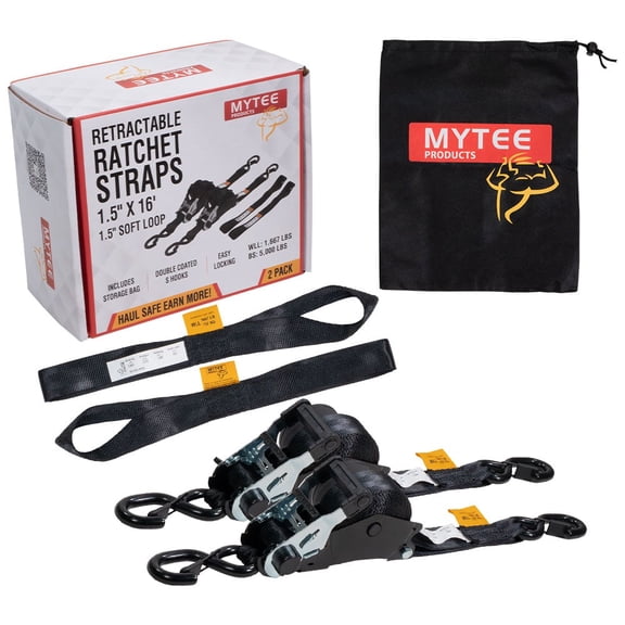 1.5" x 16' Retractable Ratchet Straps with S-Hook & Soft Loops, 5000 lb Break Strength, Self Ratcheting Tie Down Strap for Cargo, Truck, Trailer, Motorcycle, Boat, Bikes