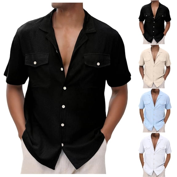 SGFCWSX Men's Cotton Linen Short Sleeve Camp Collar Shirt Casual Button Down Shirt with Dual Chest Pockets Black Size XL