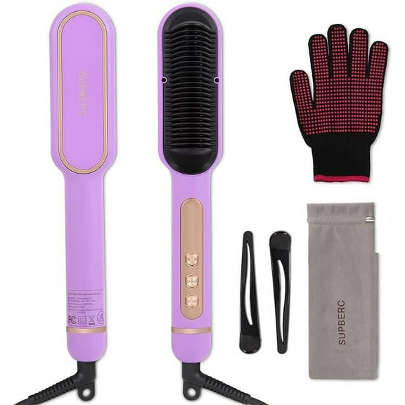 9 Temp Setting Negative Ionic Hair Straightener Brush with LED Display Straightening Comb Kit Purple