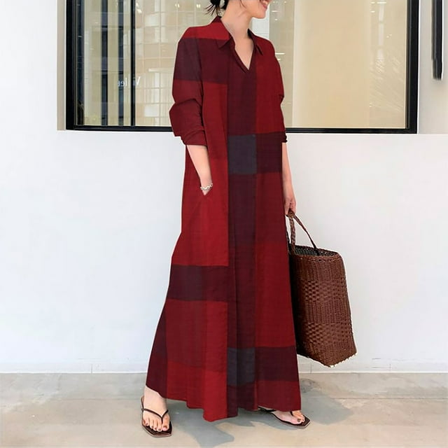 Meichang Robe Chemise Boutonnée pour Femmes Grande Taille à Blocs de Couleur Robe Maxi à Manches Longues Col Coupe Ample Robes Évasées Décontractées Robes en Coton et Lin avec Poches