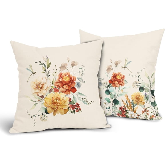 Spring Flowers Pillow Covers 16x16 Inch Set of 2 Watercolor Floral Spring Summer Outdoor Decorative Throw Pillow Covers Farmhouse Pillow Cases Cotton Linen Cushion Covers for Couch Bed Sofa Home Decor