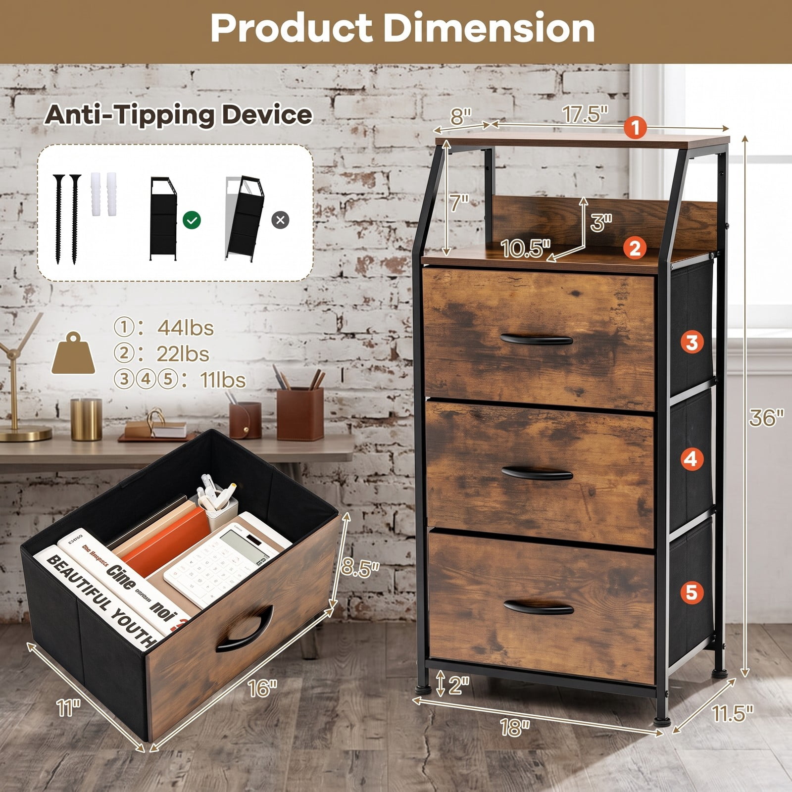 Furnibear 3-Drawer Freestanding Dresser with Open Wooden Top Shelf and Sturdy Steel Frame for Bedroom Living Room and Office, Rustic Brown