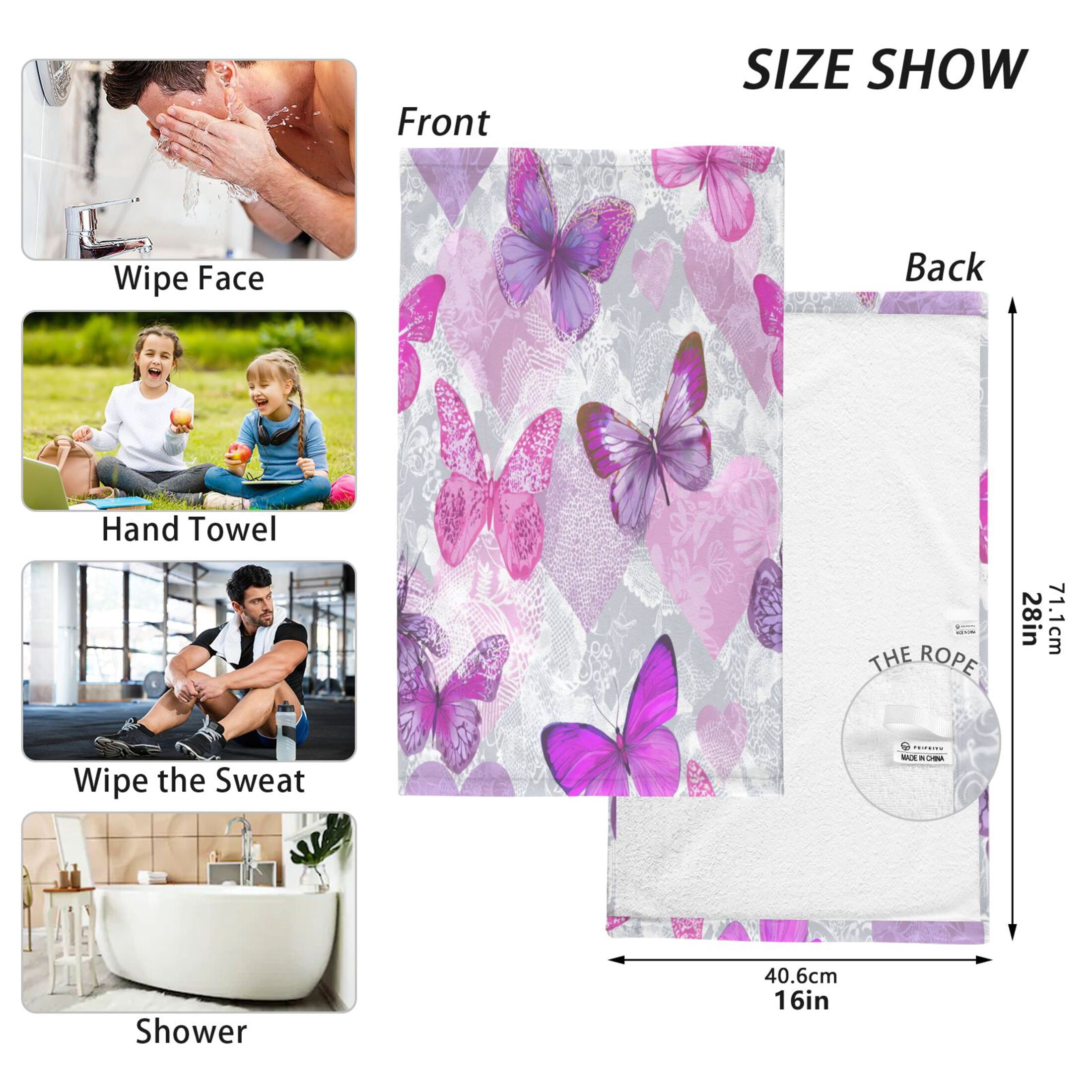 2 Pieces of Cotton Towel Face Towel Set Hand Towel Bath Towel Cotton Bath Towel Sets Pink Purple Butterflies