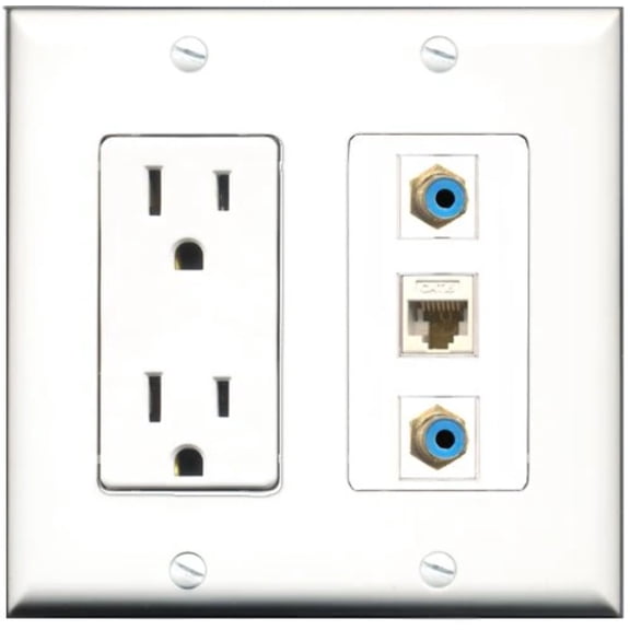 RiteAV - 15 Amp Power Outlet 2 Port RCA Blue 1 Port Cat6 Ethernet Ethernet White Decorative Wall Plate