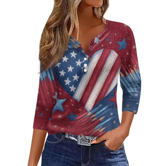 KDDYLITQ 250 Anniversary Usa Shirts Womens 250th Anniversary Printed Button V Neck Tees Flag 3/4 Sleeve 4th Of July Tops Vintage Comfy T-Shirts Navy 2XL