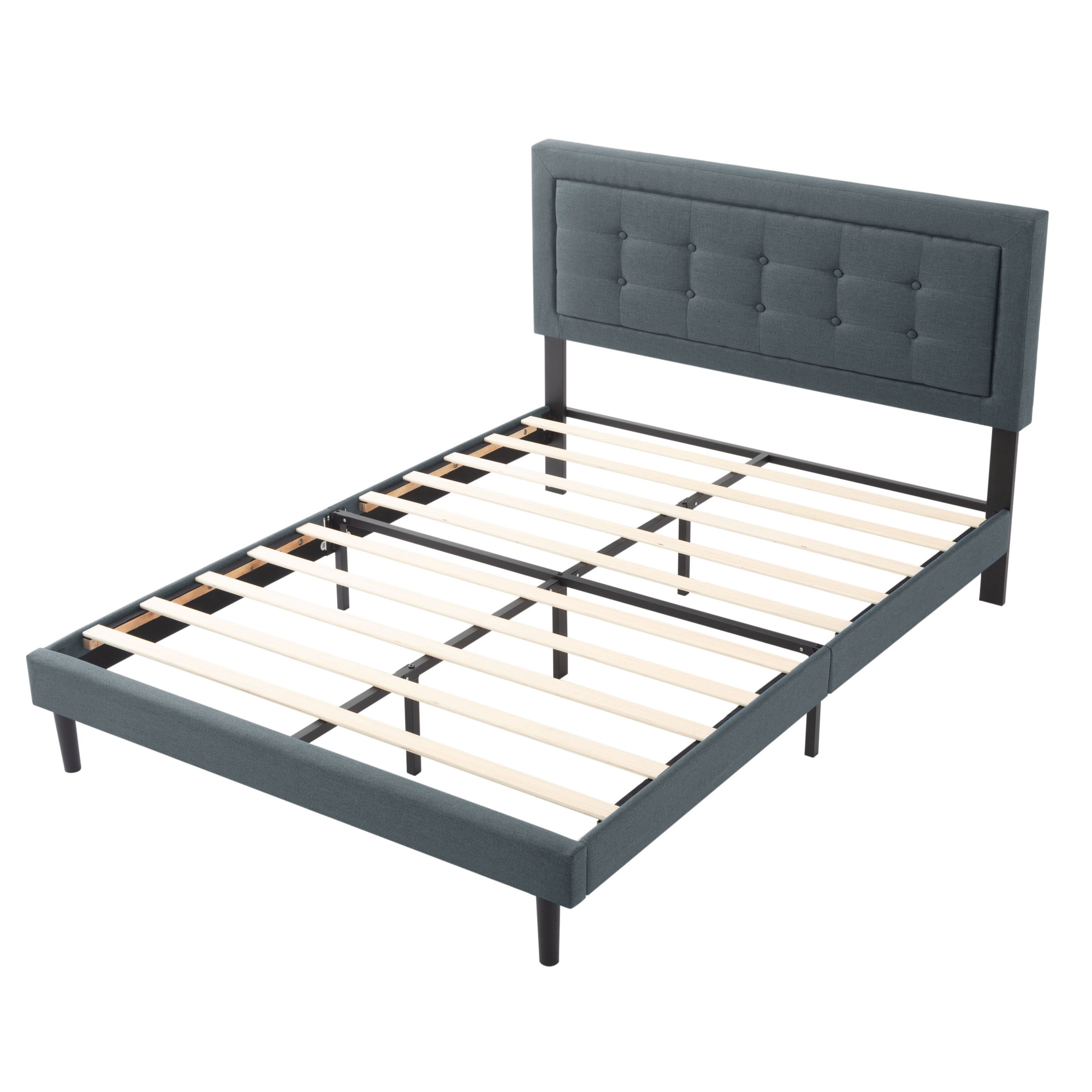BSHTI Full Size Platform Bed Frame with Square Tufted Upholstered Headboard – Solid Wood Frame, 12 Wood Slats, Center Support Leg, Under-Bed Clearance, No Box Spring Needed