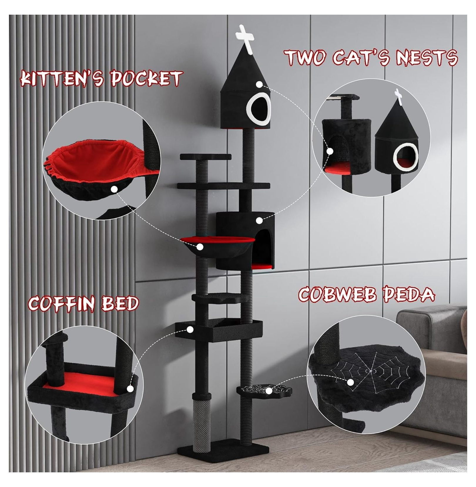 88" Cat Tree Gothic Condo Tower, Multi-Level Cat House with Spiderweb Platforms & Hammock, Tall Cat Furniture for Indoor Cats